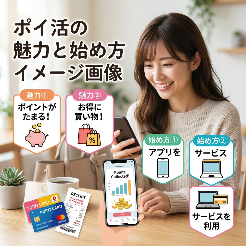 スマホでポイントを貯める女性とポイント活動の魅力と始め方を説明する図